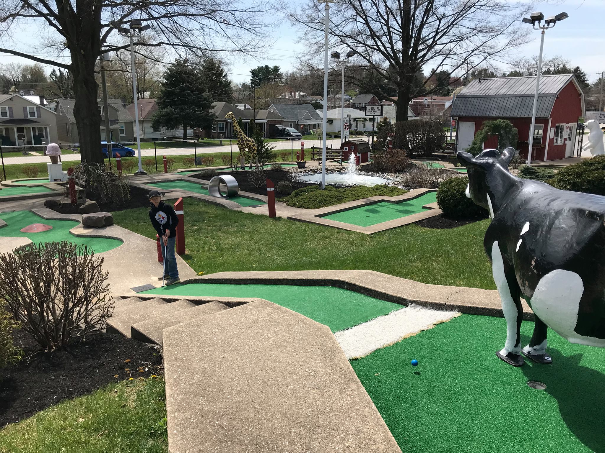 A child prepares to putt on a mini-golf course beside a large black and white cow statue, with green turf, pathways, and small buildings visible in the background.