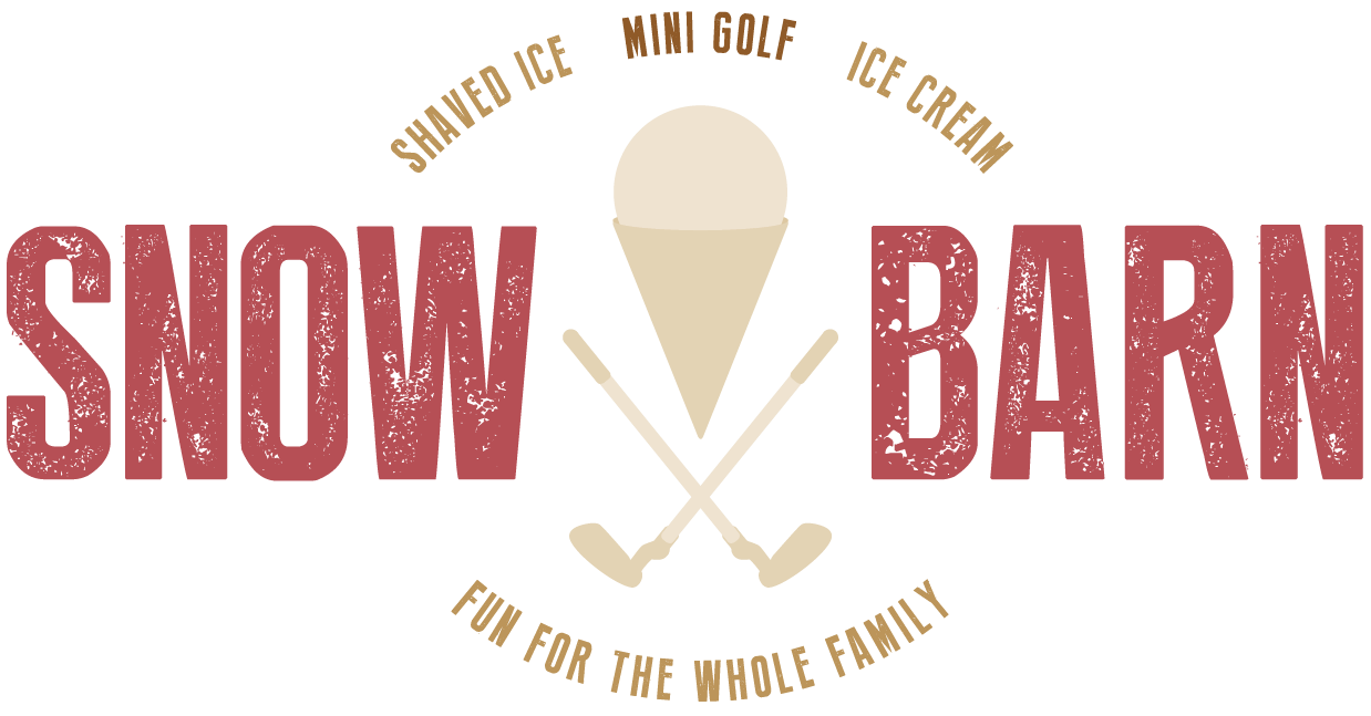 Logo for "Snow Barn" featuring a snow cone above two crossed golf clubs. Surrounding text reads: "Shaved Ice," "Mini Golf," "Ice Cream," and "Fun for the Whole Family.