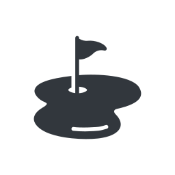 A simple black and white icon of a golf hole with a flag, set on a circular putting green.