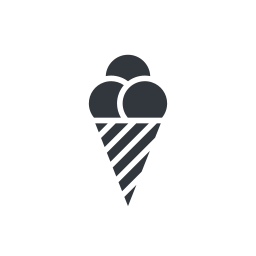 A simple black and white icon of an ice cream cone with three scoops on top, inside a white circle with a black border.