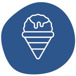 White line drawing of an ice cream cone with a scoop on top, featuring some drips, set against a solid blue circular background.