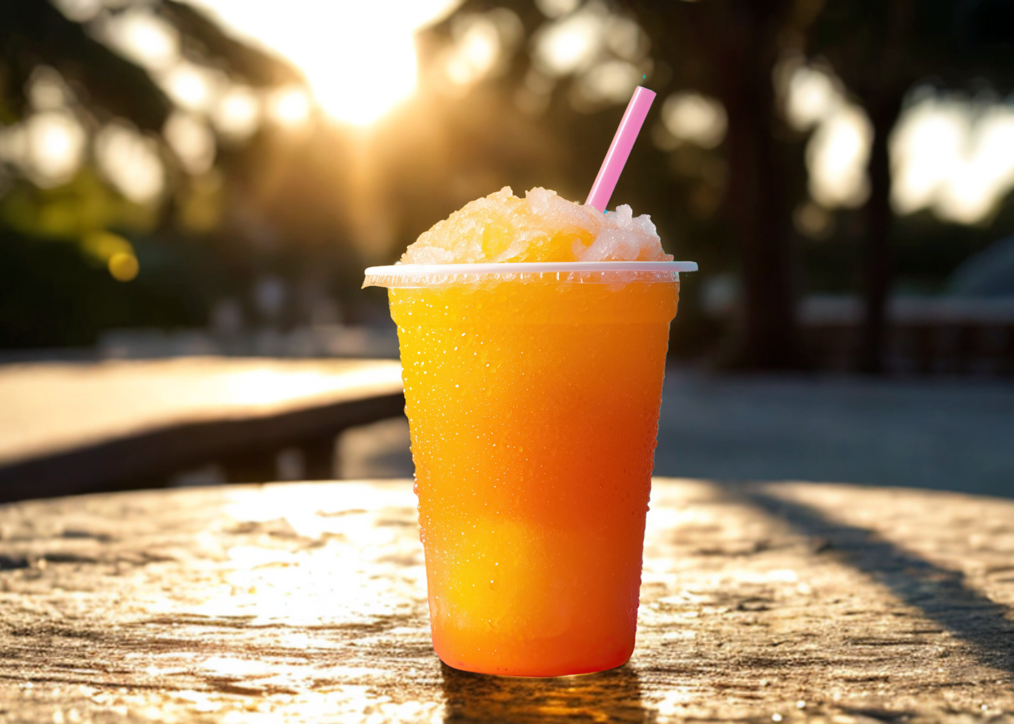 A plastic cup filled with orange slush and a pink straw sits on a sunlit table outside, with condensation on the cup and a blurred background of trees and bright sunlight.