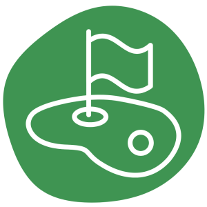 A white outline of a golf hole with a flag and a golf ball on a green circular background.