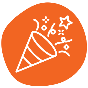 A white party popper icon with confetti and streamers on an orange, irregularly shaped background.