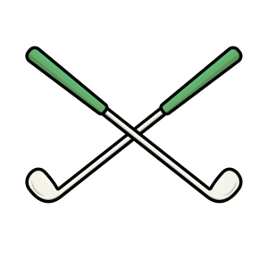 Two white golf clubs with green handles are crossed over each other on a plain white background.