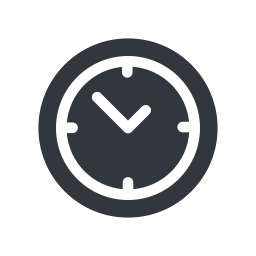 A simple black and white clock icon with hour and minute hands pointing to 10 and 2, displayed on a white circular background.